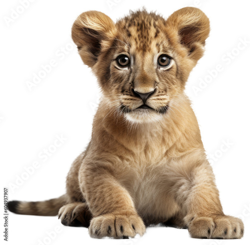 Tela Close up of a sitting cute lion cub isolated on a white background as transparen