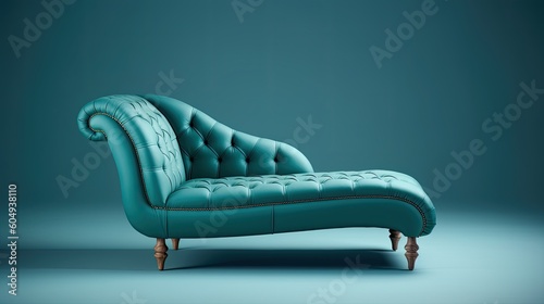 Blaugrüne Leder Chaiselongue mit verzierten Möbelfüßen im Vintage Stil vor blauem Hintergrund, Generative AI