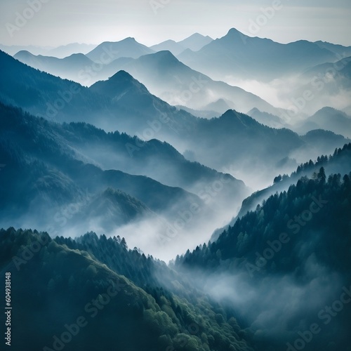Misty Foggy Mountain Landscape. Generative AI