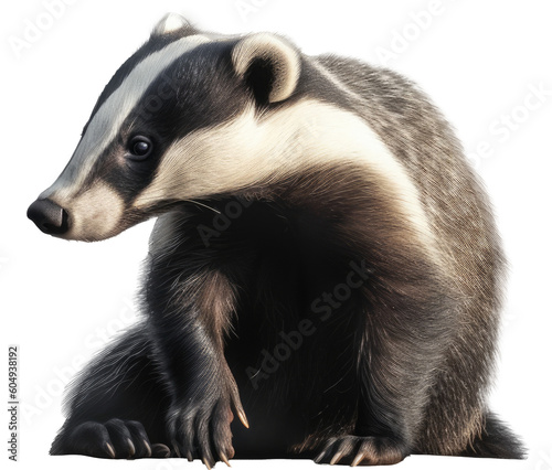 Foto Front view of sitting badger isolated on a white background as transparent PNG,