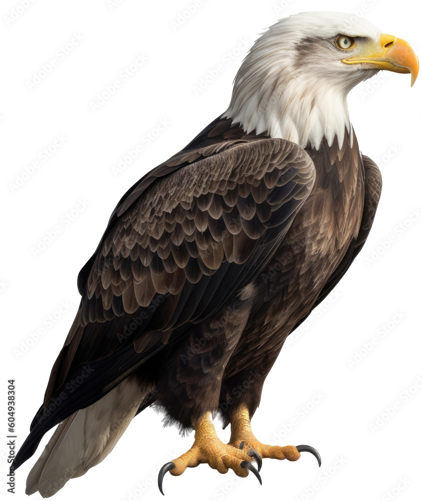 Obraz premium Full body portrait of an american bald eagle isolated on white background as transparent PNG, side view, generative AI animal