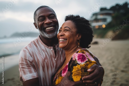 Middle age cuddling couple enjoying time on beach photo