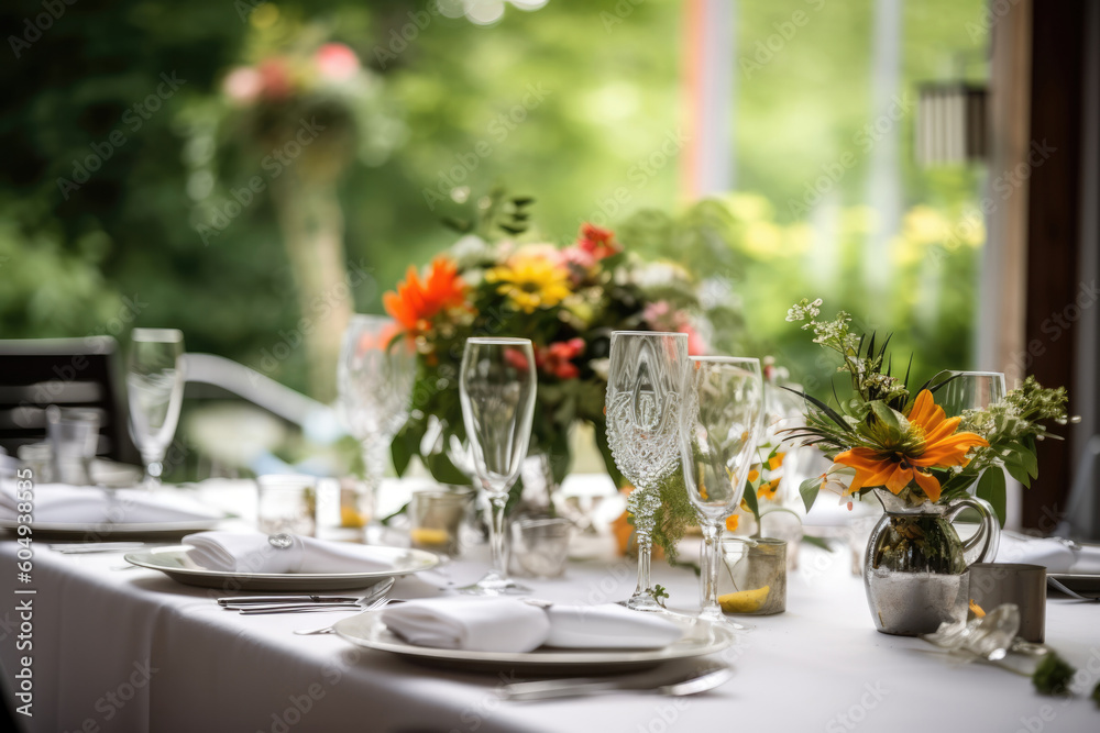 Fototapeta premium Romantic table setting with candles and flowers