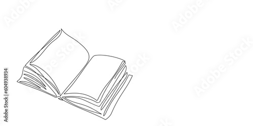 Continuous single line drawing of open book. One line notebook with flying pages for background. Concept of study, knowledge, education, business, back to school. Hand drawn sketch design. Vector