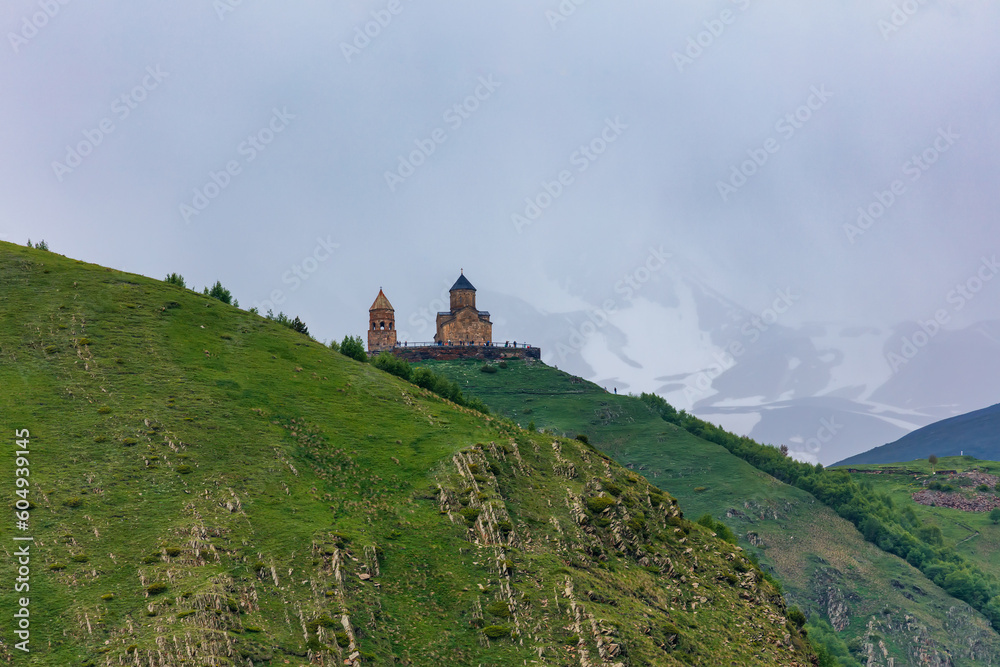 Gergeti Trinity Church near the Stepantsminda village in Georgia ,At an altitude of 2170 meters, under Mount Kazbek or Kazbegi,
