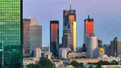 Aerial view of Warsaw city center during sunset