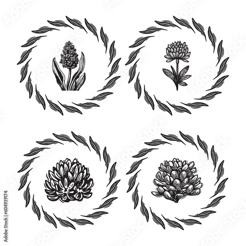 Linotype floral icon collection in whimsical vector art. Decorative foliate design for rustic botany set. 