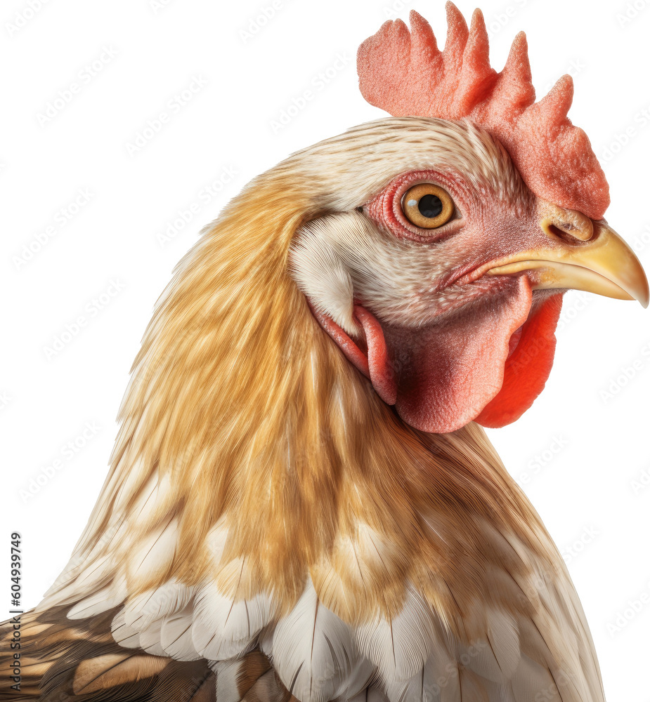 Close up portrait of a domestic brown chicken head isolated on white background as transparent PNG, generative AI animal