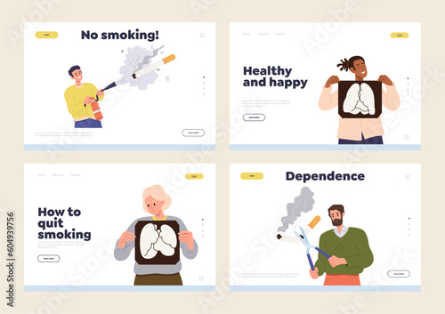 Landing page design template set with campaign against smoking and happy people breaking bad habit