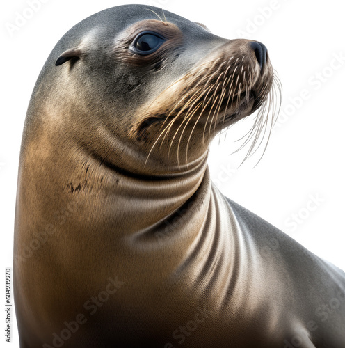 Close up portrait of a california sealion head isolated on a white background as transparent PNG, generative AI animal