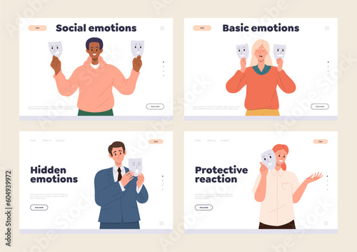 Set of landing page with basic social emotion, hidden feelings and protective reaction concept