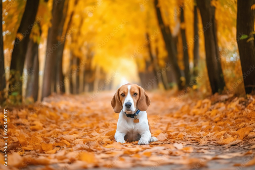 Brown dog beagle sitting on path in autumn natural park location among orange yellow fallen leaves looking and posing at camera, Summer autumn time, Extra wide banner and copy space