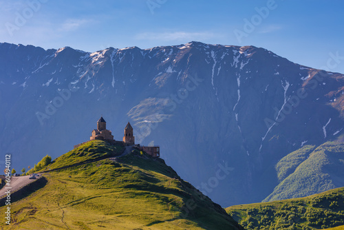 Gergeti Trinity Church near the Stepantsminda village in Georgia ,At an altitude of 2170 meters, under Mount Kazbek or Kazbegi,
