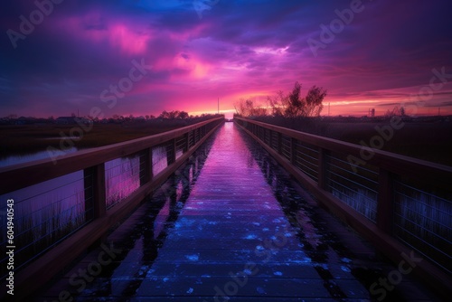 Wooden bridge at sunset. Generative AI. © hugo