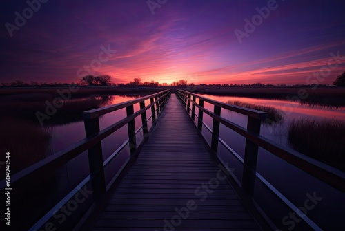 Wooden bridge at sunset. Generative AI. © hugo