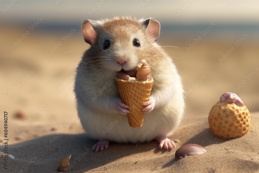 Hamster eating ice cream at the seaside. Generative AI.