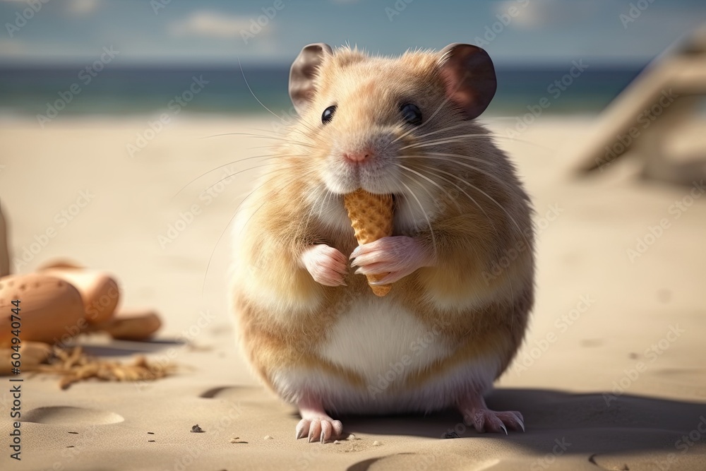 Hamster eating ice cream at the seaside. Generative AI. Hamster eating ice cream at the seaside. Generative AI.