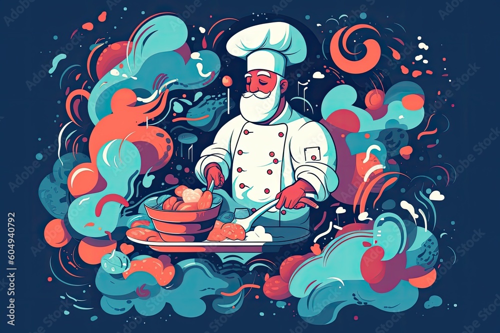 An illustration of the chef cooking with the aroma of smoke surrounding him. Generative AI.