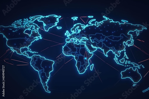 Blue world map on black background. Generative AI.