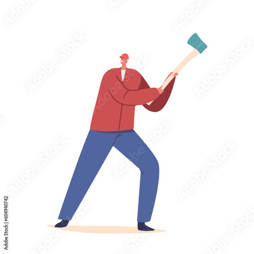 Strong Lumberjack Character Wielding A Sharp Axe, Ready To Take On The Mighty Trees. Man Expertly Chops Wood