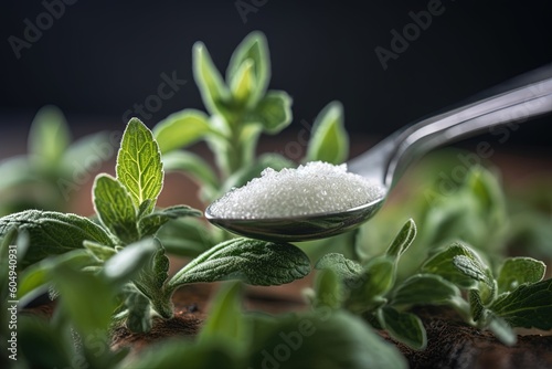  A spoon containing freshly picked Stevia rebaudiana plants  .Generative AI