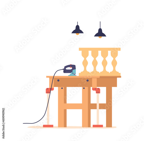 Carpentry Workshop Interior with Grinding Tool and Wooden Items on Workbench With Sawdust, Wood Shavings