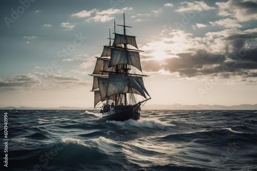 A vessel sails the ocean .Generative AI © midart