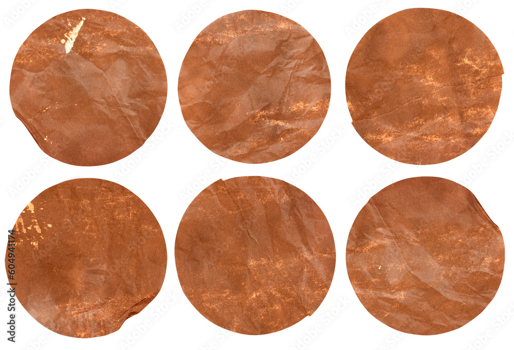 Set of round old brown paper stickers mock up blank tags labels, isolated on transparent background top view Set of round old brown paper stickers mock up blank tags labels, isolated on transparent background top view