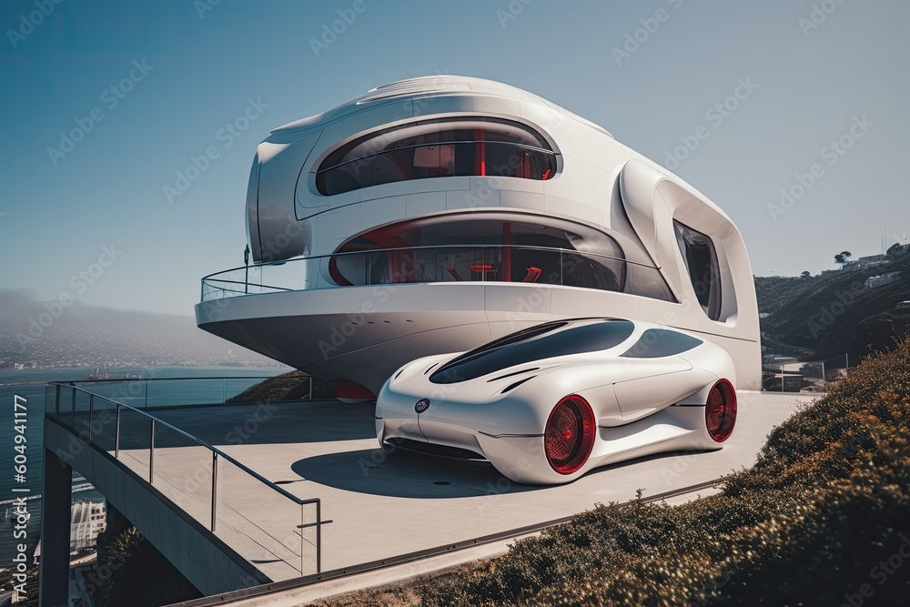 A modern bungalow with a futuristic electric vehicle on the hill near the sea. Generative AI.