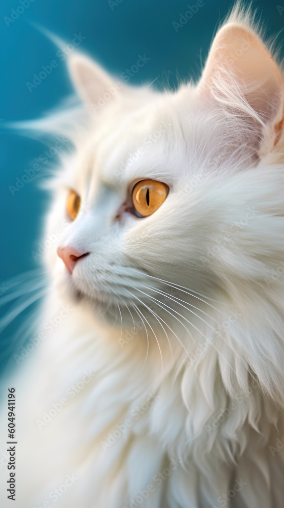 A close up of a white cat with yellow eyes. Generative AI.