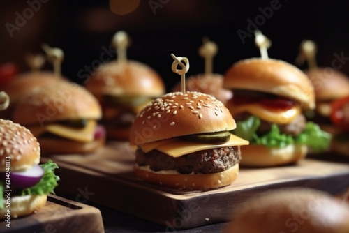 Burger mini burgers snacks on a wooden table with craft paper beautifully decorated catering banquet table on corporate christmas birthday party event or wedding celebration