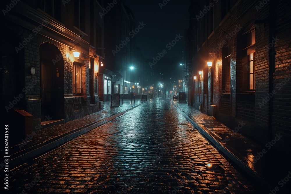 Fototapeta premium Desolate night street with illuminated path.Generative AI