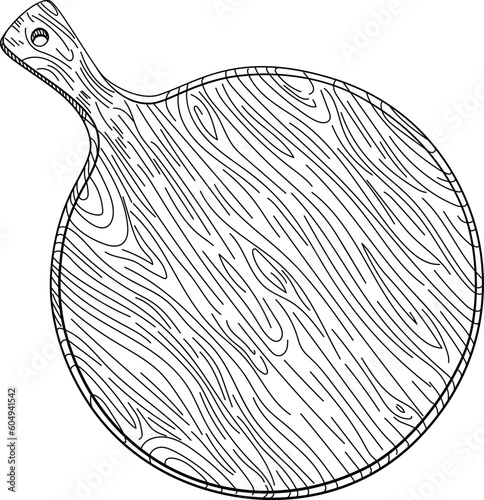 Hand drawn cutting wooden board with handle Isolated on white. Pizza serving board. Kitchen utensils sketch. Engraving style.