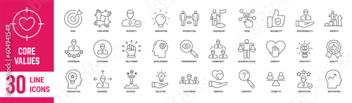 Core Values editable stroke outline icons set. Core, values, business, leadership, goals, target, client, quality, success, responsibility and quality. Vector illustration.