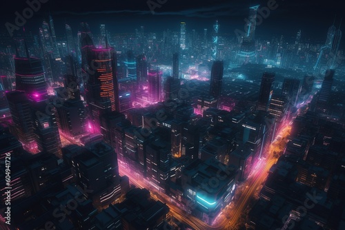 Futuristic metropolis lit by pink and blue neon lights .Generative AI