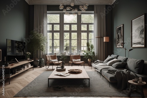 Furnished living space .highly detailed cinematic shot.Generative AI
