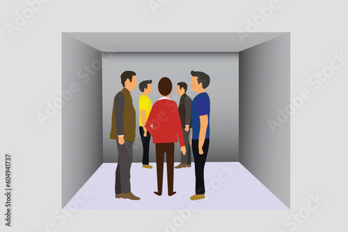 Meeting Points and Places of Safety with people in safety area at office workplace aftermath of an evacuation in confined space. Fire safety and earthquake safety place at office safe place at work