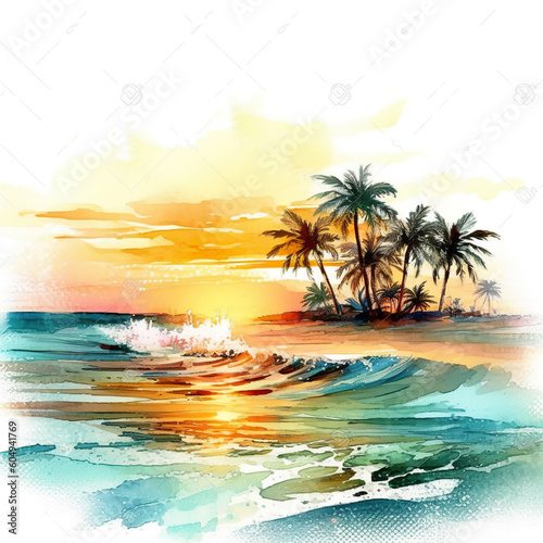 A watercolor painting of a tropical beach with palm trees. Generative AI.