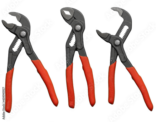 A black and red hand pliers / open and closed isolated Pipe Wrench or tongue and groove pliers / Adjustable water pump pliers tongue and groove isolated on white background photo