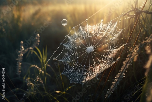 Dewy Spider Web in Field of Grass and Weeds Under Morning Sun. AI