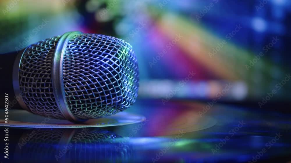 Close-up of microphones on the vinyl record with multicolor lighting and blurry background