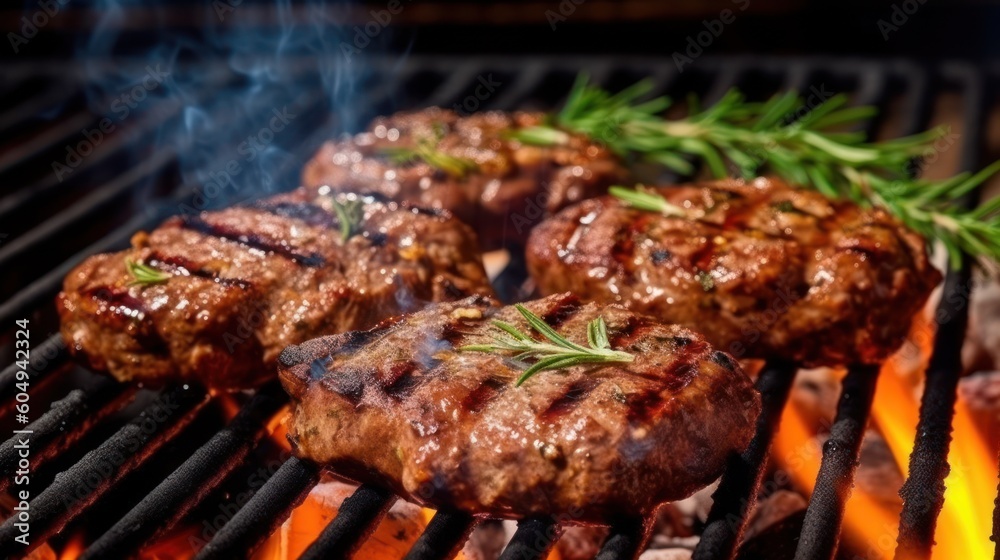 Delicious grilled food. Barbecue outdoors. A dish of meat and herbs. Generative AI.