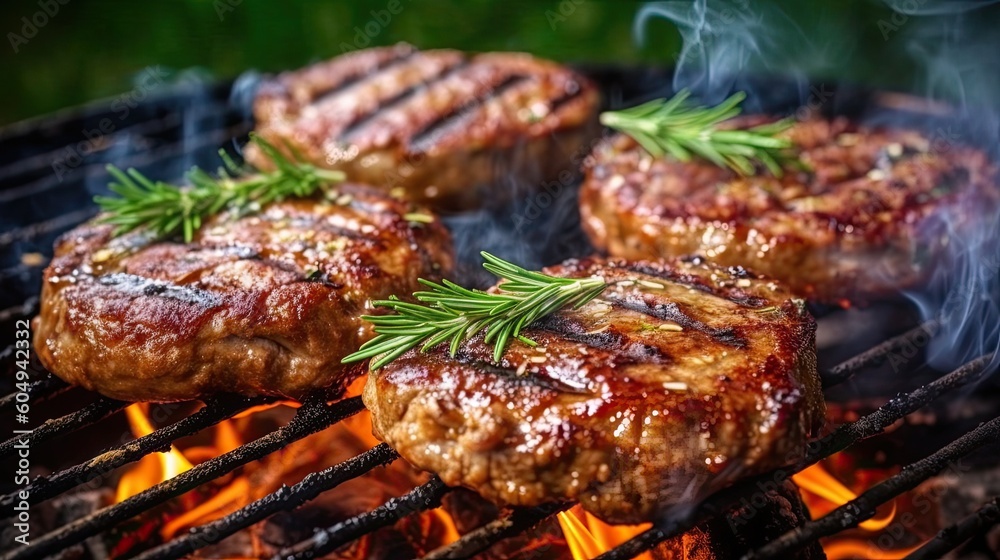 Delicious grilled food. Barbecue outdoors. A dish of meat and herbs. Generative AI.