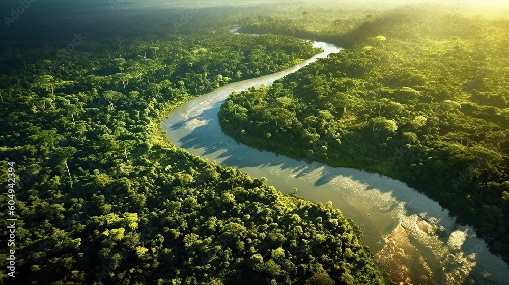 Green forests of the Amazon with rivers. Generative AI.