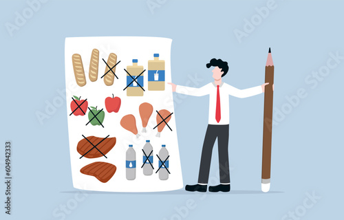 Controlling expenses during inflation, decrease in purchasing power due to price rising up, consumer spending among economic crisis concept, Salaryman planning to reduce expenses.