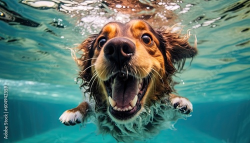 Cheerful and happy dog ​​bathes underwater. Summer entertainment and recreation. Generative AI.