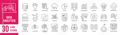 Data Analytics editable stroke outline icons set. Data, analytics, database, technology, management, statistic, security and report. Vector Illustration.
