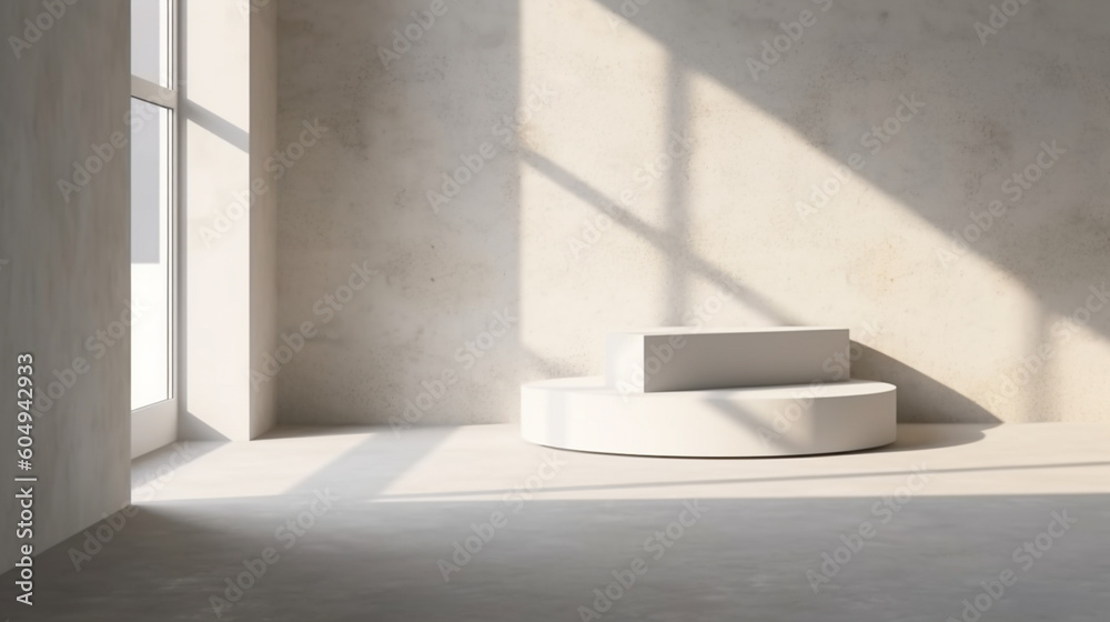 Three white round podiums in a empty room with sunlight shining through the window. Three white round podiums in a empty room with sunlight shining through the window.