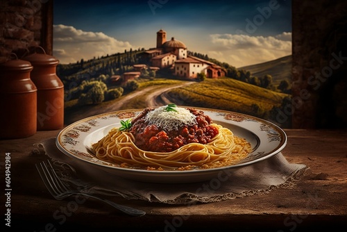 Italian Spaghetti Bolognese Plate with Picturesque Countryside Background. AI