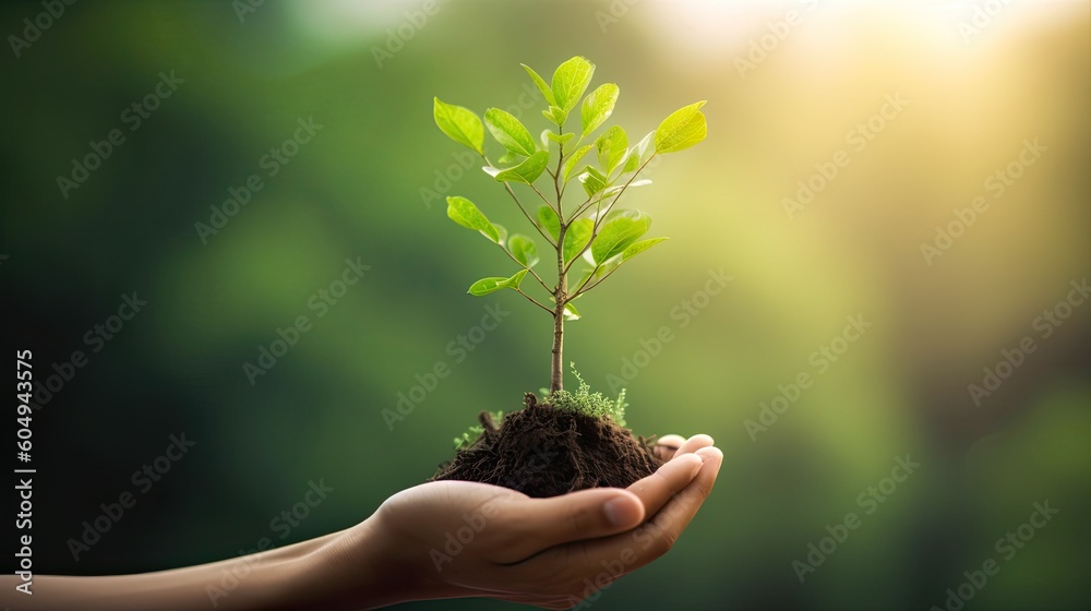 World Enviroment Day. Hand holding tree on blur green nature background. Generative ai World Enviroment Day. Hand holding tree on blur green nature background. Generative ai